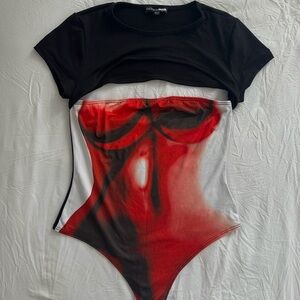 Cutout Black and Red Print Bodysuit